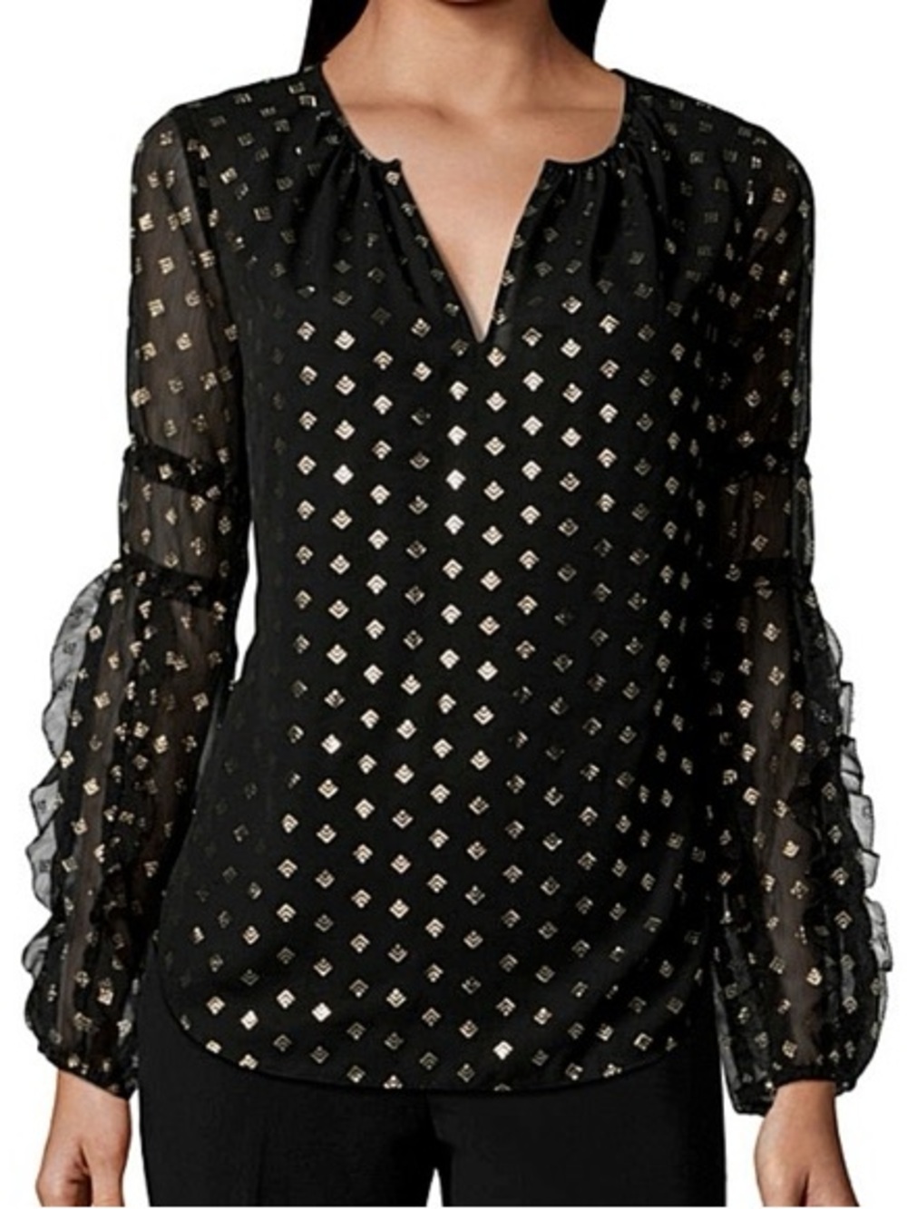 WORTHINGTON Black Gold Metallic Blouse Sheer Sleeve Ruffle Romantic Workwear XL
